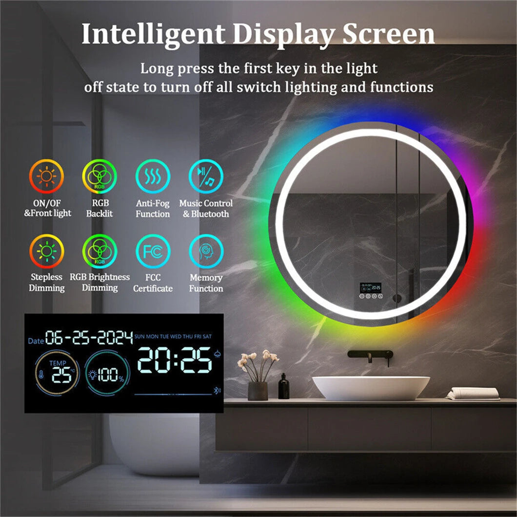 LED Bathroom Mirror Round 800x800mm Wall Hanging Mirror Anti Fog Bluetooth Speaker Brightness Memory Front Light & RGB Backlit