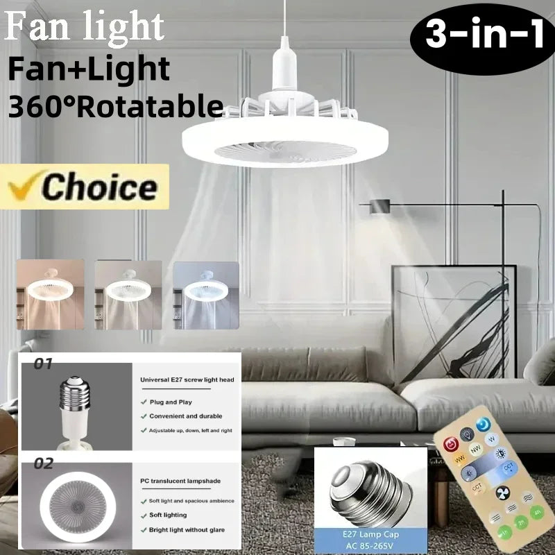 3in1 Ceiling Fan with Remote Control and LED Light, 3-speed E27 AC85-265V Lighting Base for Bedroom and Living Room Lighting