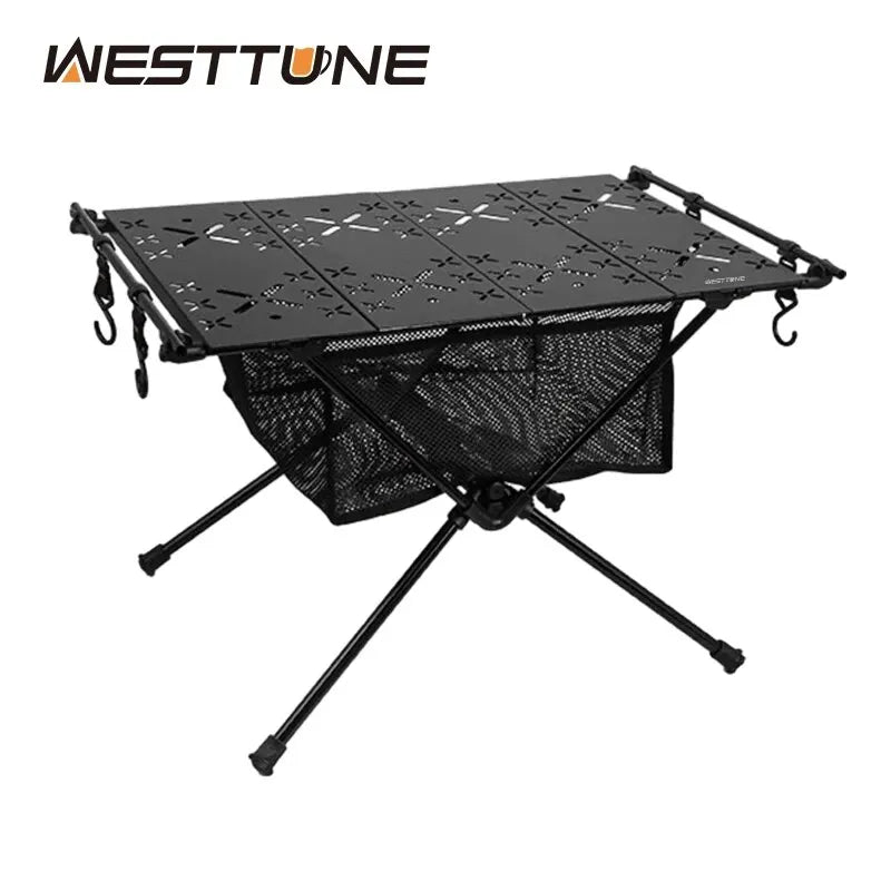 A portable aluminum alloy camping folding table with a black surface and green edges, featuring mesh pockets and foldable legs.