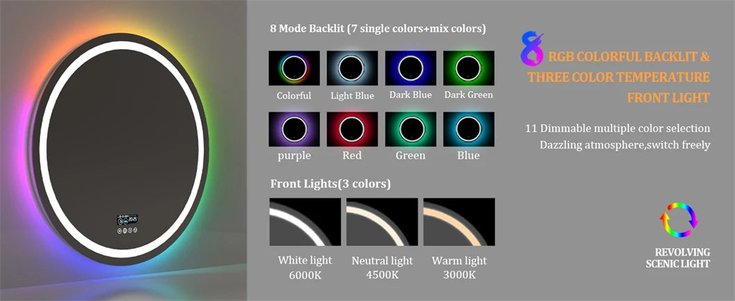 LED Bathroom Mirror Round 800x800mm Wall Hanging Mirror Anti Fog Bluetooth Speaker Brightness Memory Front Light & RGB Backlit