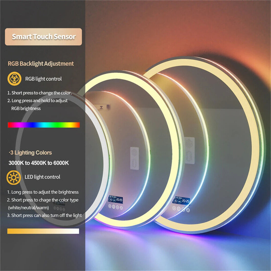 LED Bathroom Mirror Round 800x800mm Wall Hanging Mirror Anti Fog Bluetooth Speaker Brightness Memory Front Light & RGB Backlit