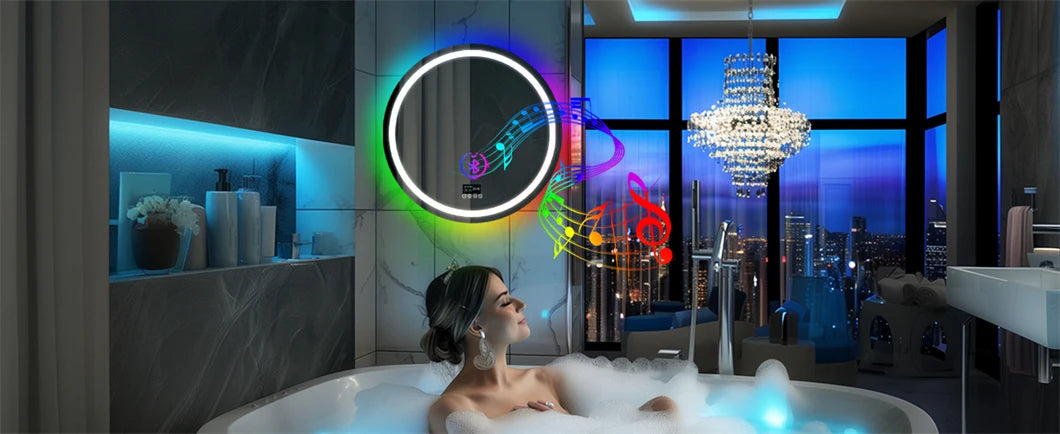 LED Bathroom Mirror Round 800x800mm Wall Hanging Mirror Anti Fog Bluetooth Speaker Brightness Memory Front Light & RGB Backlit