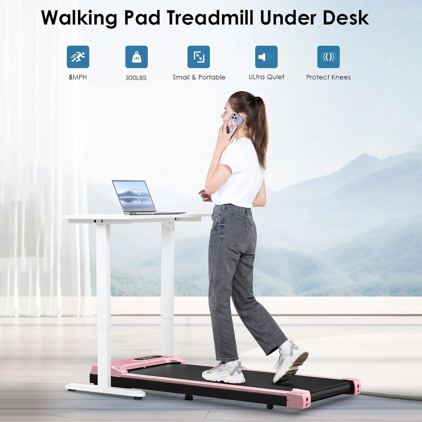 Bigzzia Walking Pad Under Desk Treadmill, 5MPH Portable Treadmill Home Quiet Lightweight Flat Treadmill pad 300lb Capacity 2.5HP