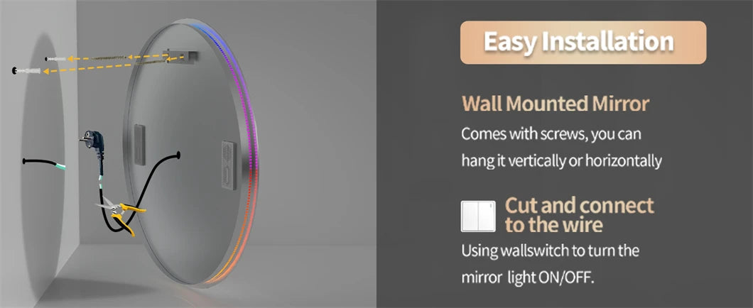 LED Bathroom Mirror Round 800x800mm Wall Hanging Mirror Anti Fog Bluetooth Speaker Brightness Memory Front Light & RGB Backlit