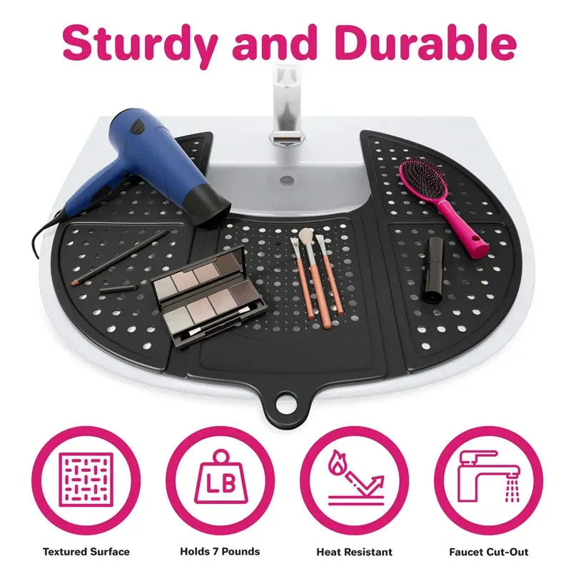 Collapsible Sink Cover and Silicone Makeup Pad with Bathroom Storage Shelves and Racks for Great Space Saving