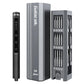 An image showcasing a gray electric screwdriver set with multiple precision bits arranged in a magnetic storage case.