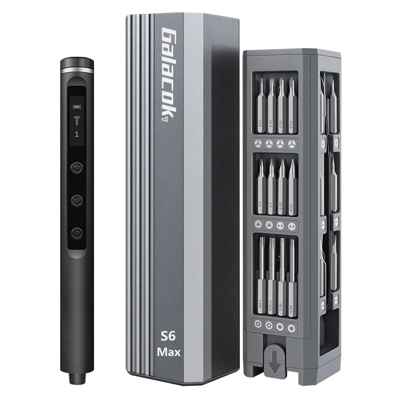 An image showcasing a gray electric screwdriver set with multiple precision bits arranged in a magnetic storage case.