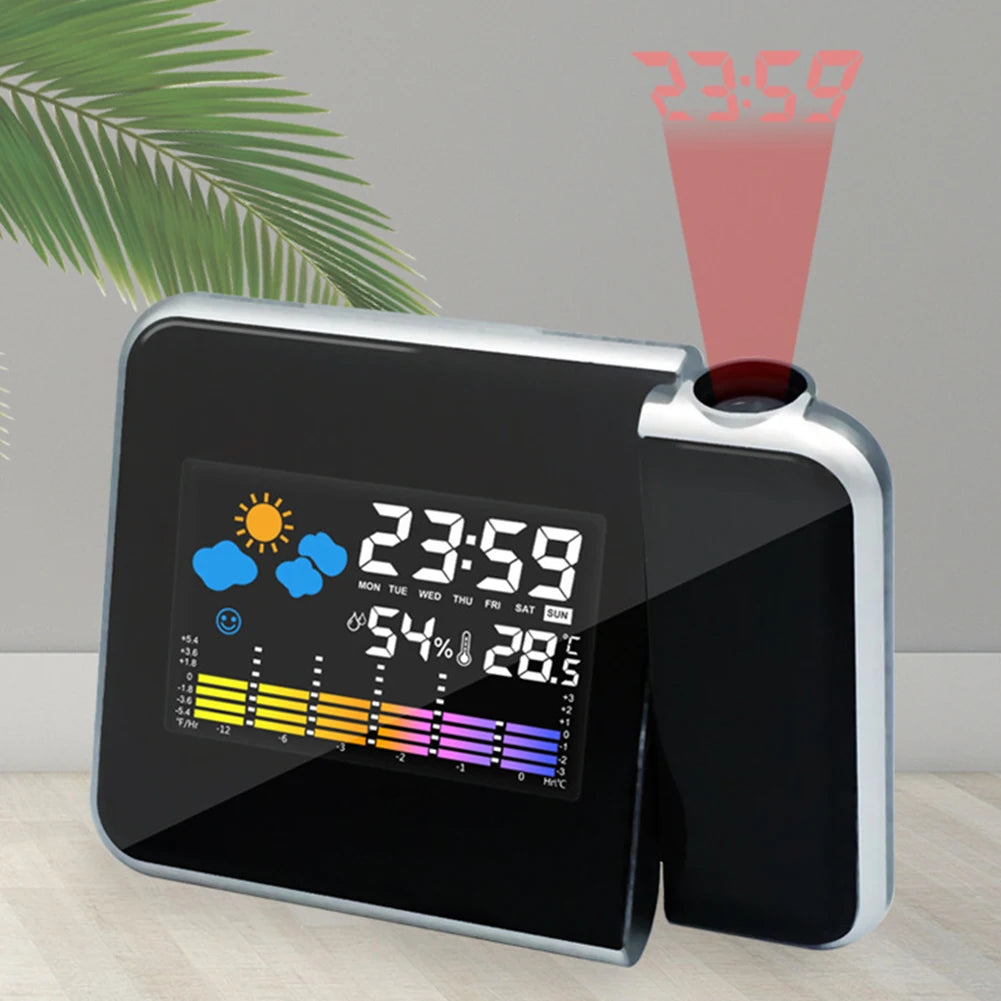 A digital alarm clock with a black body displaying time, weather, and temperature projections with a red light beam indicating the time.
