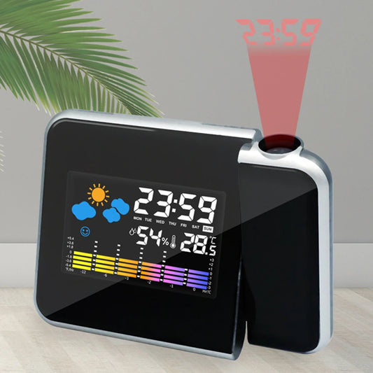 A digital alarm clock with a black body displaying time, weather, and temperature projections with a red light beam indicating the time.