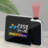 A digital alarm clock with a black body displaying time, weather, and temperature projections with a red light beam indicating the time.