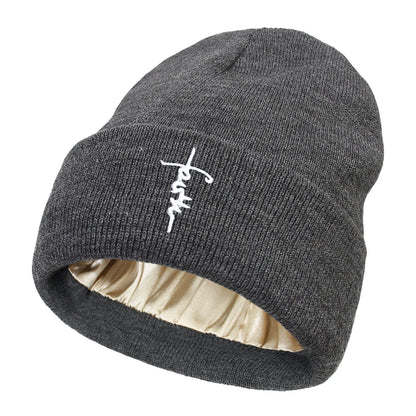 Embroidered Letter Beanies Bonnet For Women&Men 2Layer Silk Satin Lined Anti Static Knitted Hat Autumn Winter SKi Skullies Cap