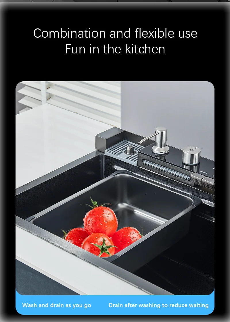 Large Stainless Steel Waterfall Kitchen Sink with Digital Faucet, Soap Dispenser & Cup Washer