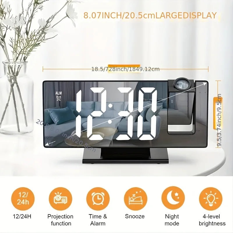 1PC Mirror multifunctional projection alarm clock Intelligent luminous clock Bedroom large screen projection clock