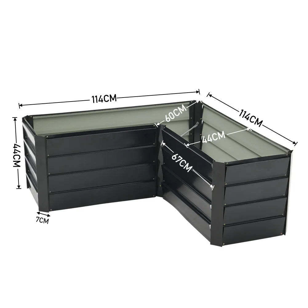 L-Shaped Metal Raised Garden Bed, Charcoal Black, Outdoor Planter