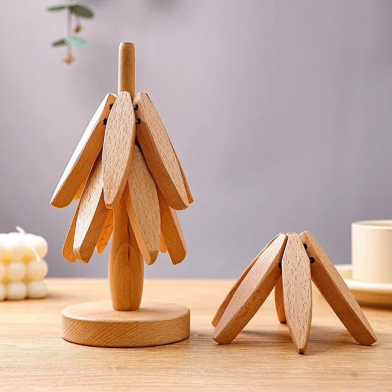 Folding Wooden Trivets, Tree Design, Heat-Resistant Coasters (Set of 3)